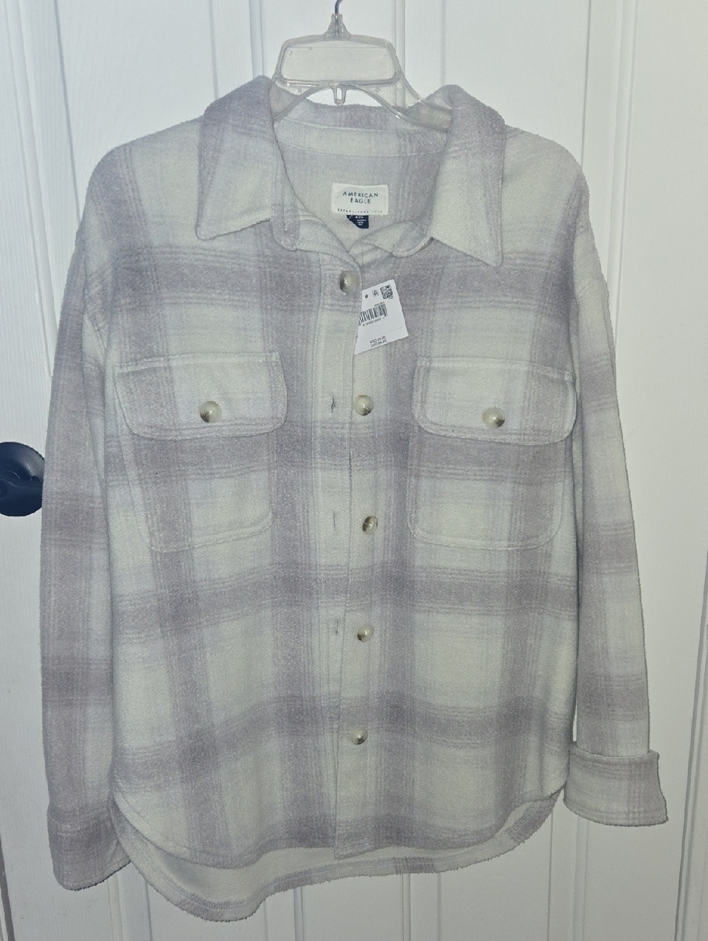 American Eagle Outfitters Cream and Light Purple Plaid Button-Down